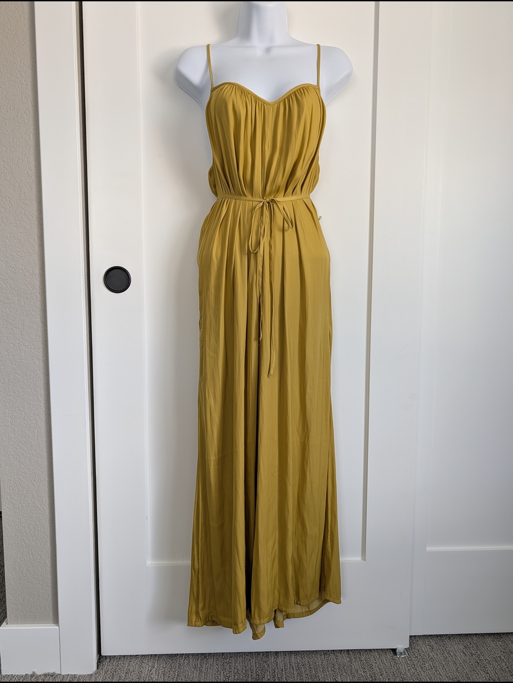LOFT Mustard Yellow Spaghetti-Strap Jumpsuit with Waist Tie